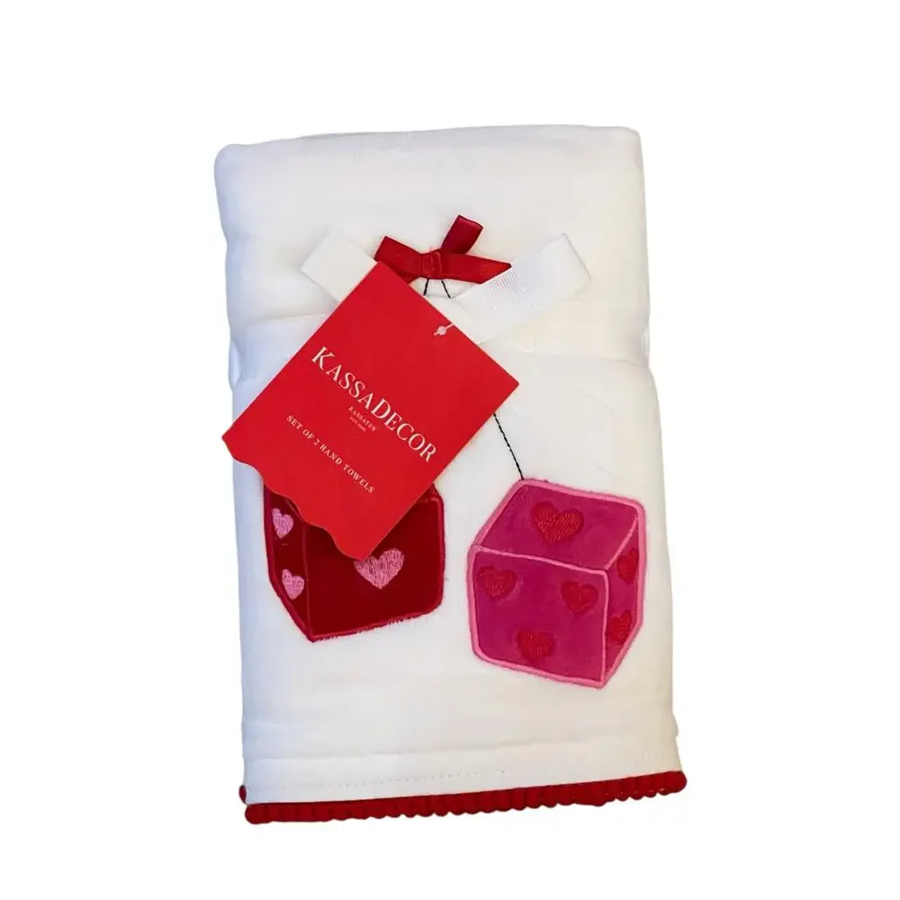 Kassadecor Heart Dice Valentine Cotton Hand Towels 18x28 Set of 2 Pink Red NEW